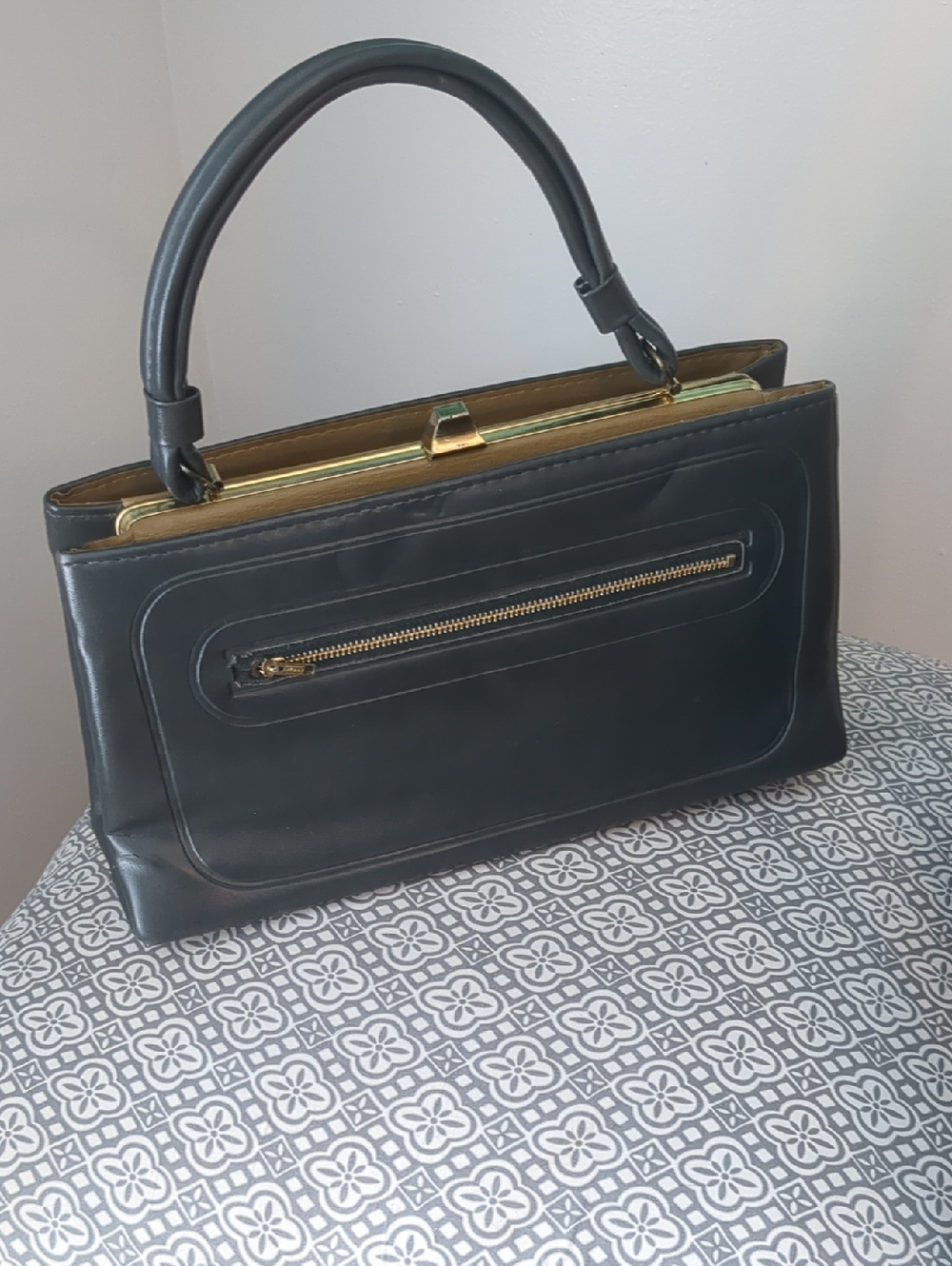 Vintage 1960s Gray Framed Handbag Triple Compartment Mid Century Doctor Style Pu